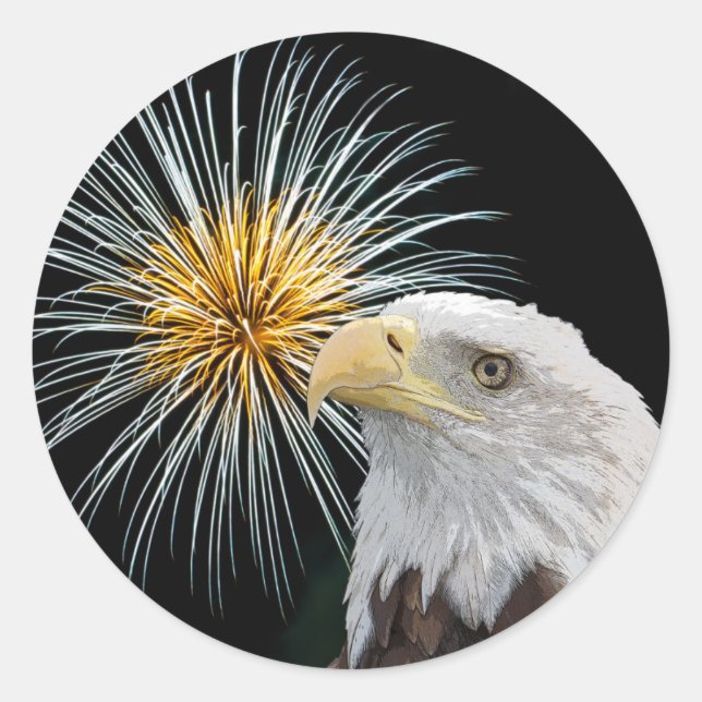 Bald Eagle and Fireworks Classic Round Sticker (Front)