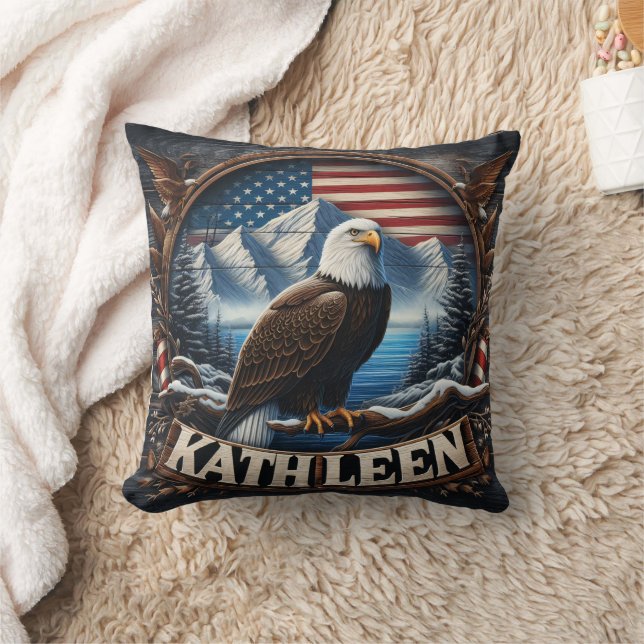 Bald Eagle by Mountains and Flag Cushion (Blanket)