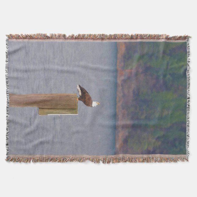 Bald Eagle Calling from a Post by Lake Throw Blanket (Front)