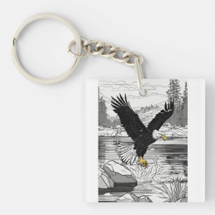 Bald Eagle Catching a Fish – Outline Coloring Page Key Ring