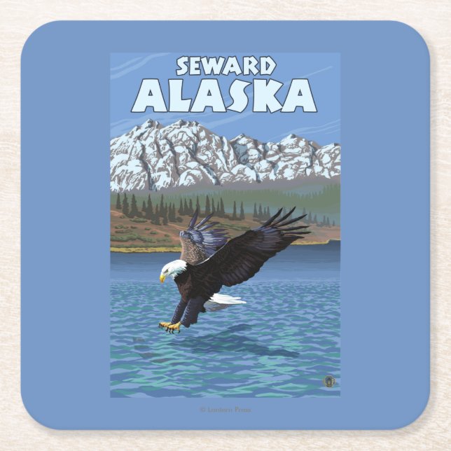 Bald Eagle Diving - Seward, Alaska Square Paper Coaster (Front)