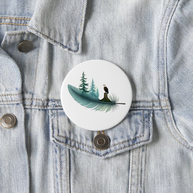 Bald Eagle Feather and Trees 7.5 Cm Round Badge (In Situ)