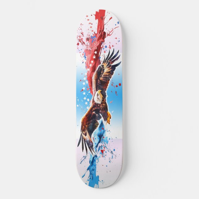Bald Eagle Flies over a splash of red, white &blue Skateboard (Front)