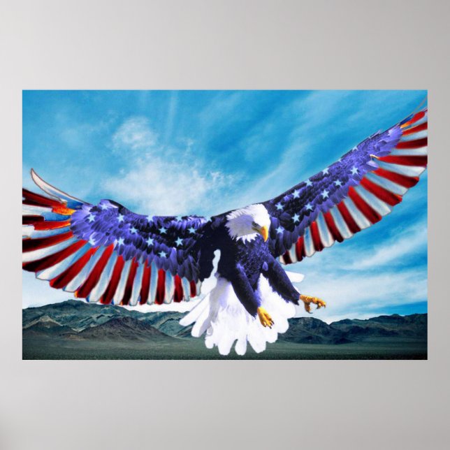 Bald Eagle flying in the sky with a American flag Poster (Front)
