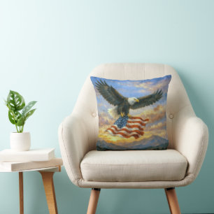 Bald Eagle Flying With American Flag Cushion