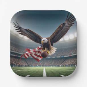 Bald Eagle Flying With Football and Flag Paper Plate