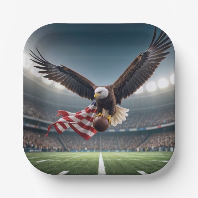 Bald Eagle Flying With Football and Flag Paper Plate (Front)