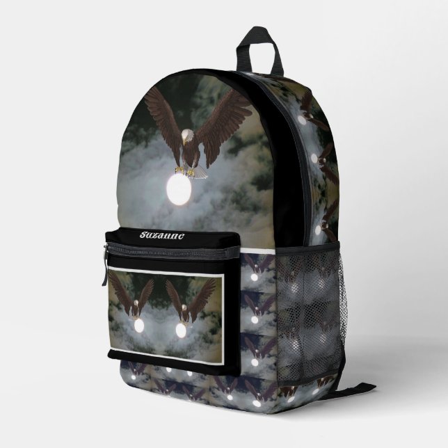 Bald Eagle Full Moon Fantasy Personalised Printed Backpack (Back Corner Right)
