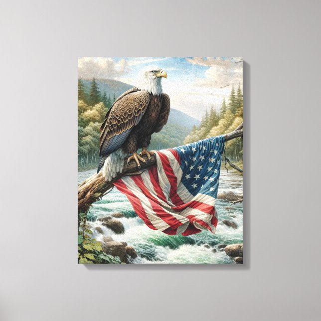 Bald Eagle Guarding The American Flag Canvas Print (Front)