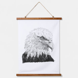 Bald Eagle Head Black White Pointillism Hand Drawn Hanging Tapestry