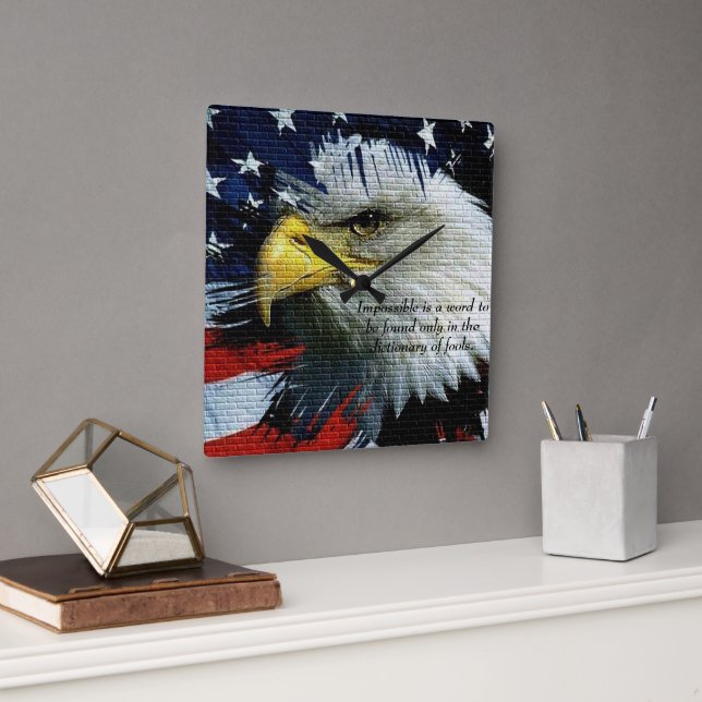 Bald Eagle head with a American flag behind him Square Wall Clock (Office)
