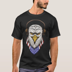Bald Eagle Head with Headphones and American Flag  T-Shirt