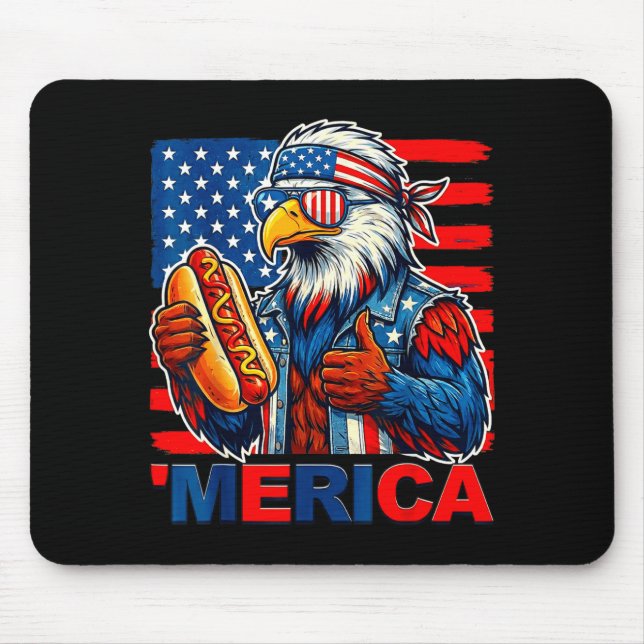 Bald eagle hotdog american flag funny 4th of july mouse pad (Front)