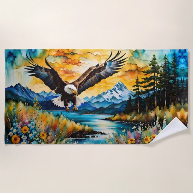 Bald Eagle Hunting in wildflowers Beach Towel (Front)