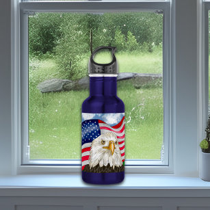 Bald Eagle in front of American Flag Patriotic Art 532 Ml Water Bottle