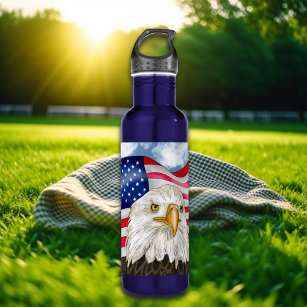 Bald Eagle in front of American Flag Patriotic Art 710 Ml Water Bottle