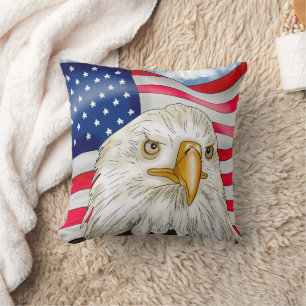 Bald Eagle in front of American Flag Patriotic Art Cushion