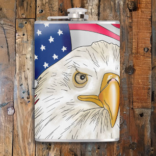 Bald Eagle in front of American Flag Patriotic Art Hip Flask