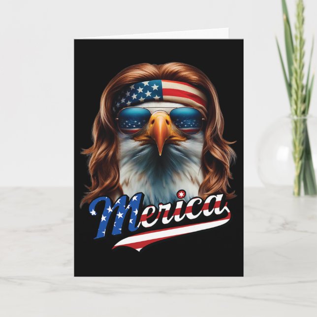 Bald Eagle Merica 4th July Eagle Mullet Funny Man  Card (Front)