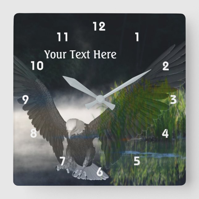 Bald Eagle Misty Pond Fantasy Animal Art Square Wall Clock (Front)