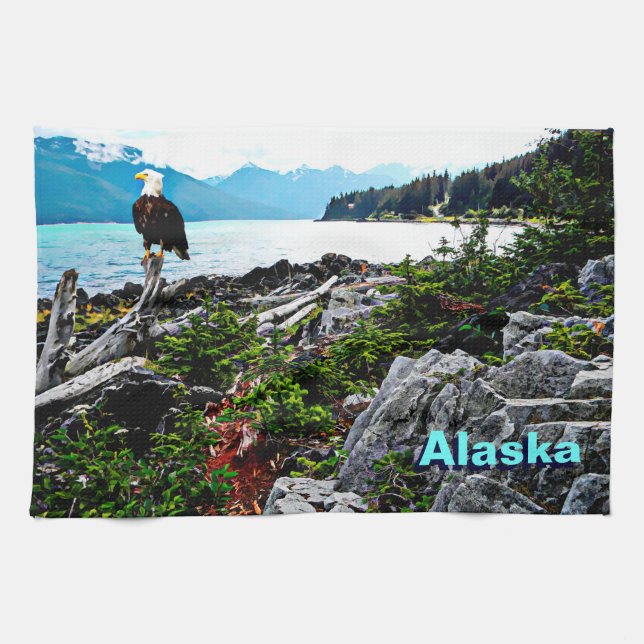 Bald Eagle On Alaska Coast Tea Towel (Horizontal)