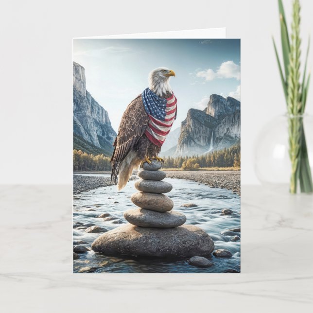 Bald Eagle On Cairn With American Flag  Card (Front)