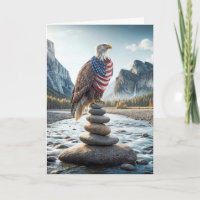 Bald Eagle On Cairn With American Flag