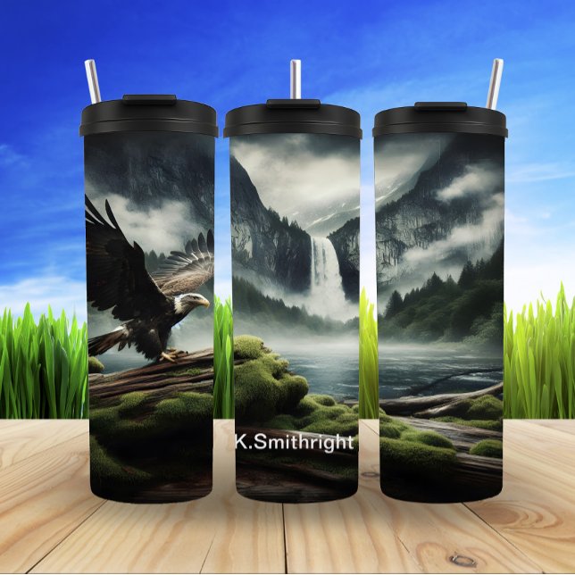 Bald Eagle Over Waterfall Wilderness Thermal Tumbler (Creator Uploaded)