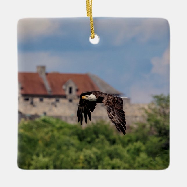Bald Eagle passing Fort Ticonderoga Ceramic Ornament (Front)