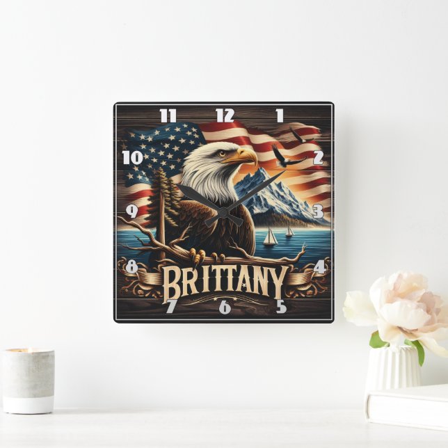 Bald Eagle Perched by Mountains and American Flag Square Wall Clock (Home)