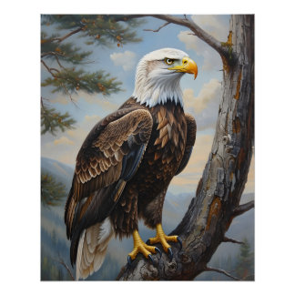 Bald Eagle Perched On A Tree Oil Painting Art Poster