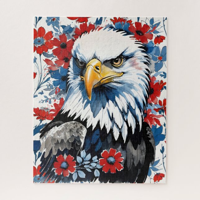Bald Eagle Red White and Blue Floral USA Jigsaw Puzzle (Vertical)