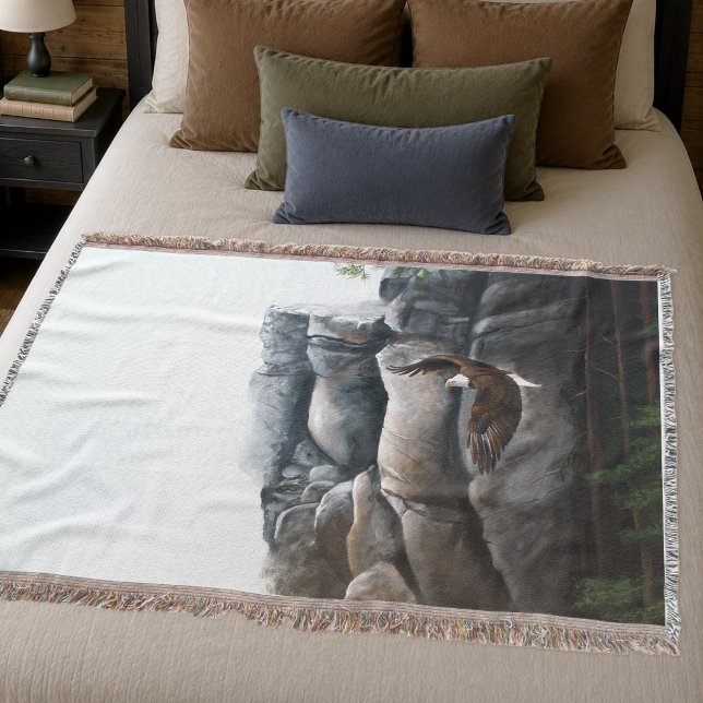 Bald Eagle Soaring Mountain Cliff Wildlife Throw Blanket (Creator Uploaded)
