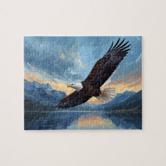 Bald Eagle Soaring Mountain Lake Sunset Art Jigsaw Puzzle
