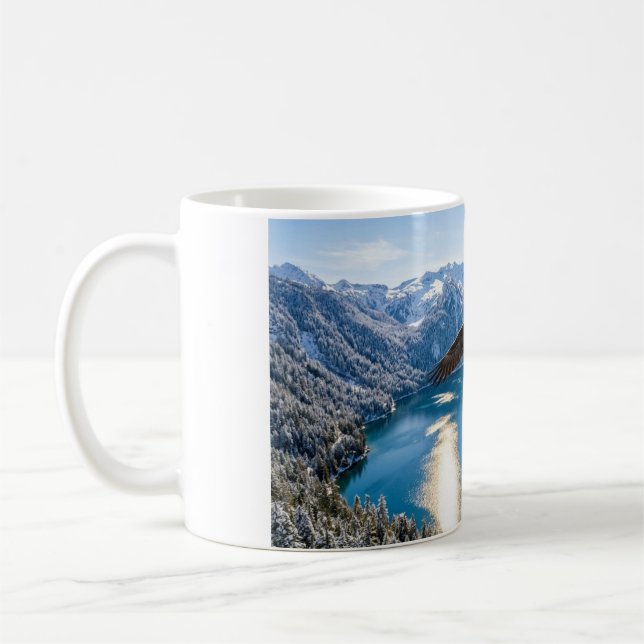 Bald Eagle Soaring Over a Lake Coffee Mug (Left)