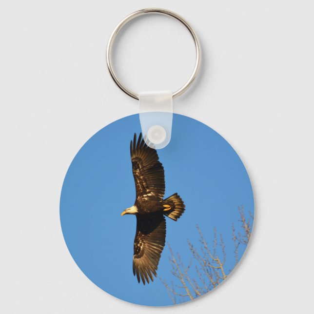 Bald Eagle Soaring Over Trees Key Ring (Front)