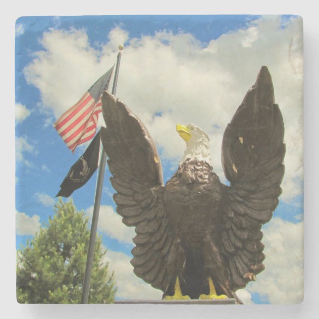 Bald Eagle Statue with American Flag and MIA Flag Stone Coaster (Front)