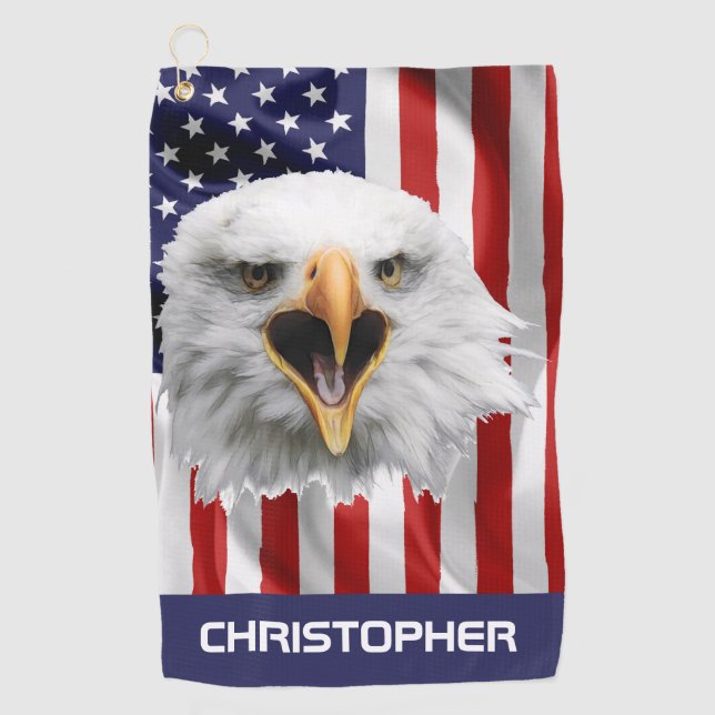 Bald Eagle, The American Flag Patriotic Golf Towel (Front)