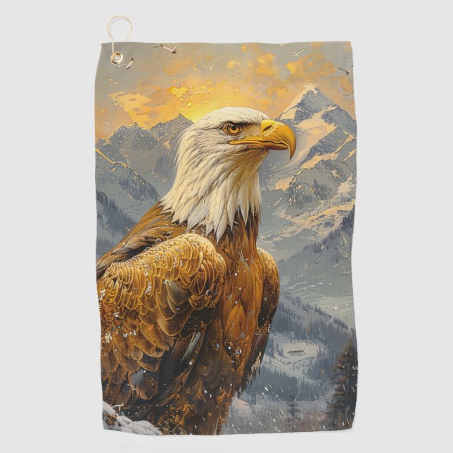 Bald Eagle Watercolor Mountains Golf Towel (Front)