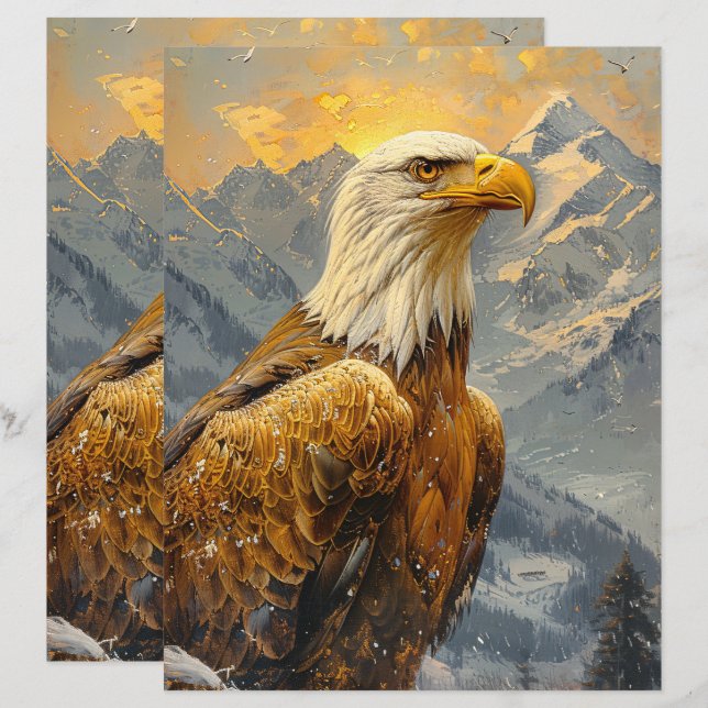 Bald Eagle Watercolor Mountains Scrapbook Paper (Front/Back)