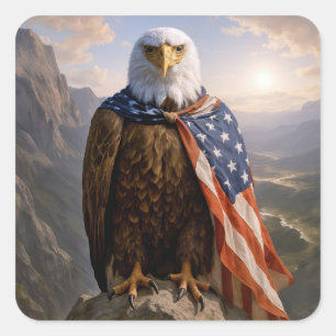 Bald Eagle Wearing an American Flag Cape Square Sticker