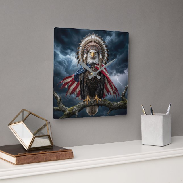 Bald Eagle Wearing an American Flag Cape Square Wall Clock (Office)