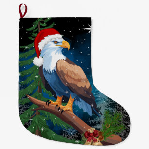 Bald Eagle Wearing Santa Hat Snowflakes  Large Christmas Stocking