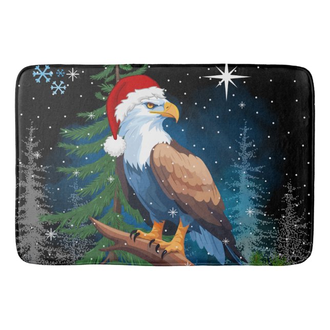 Bald Eagle Wearing Santa Hat Winter Scene Holiday Bath Mat (Front)