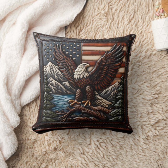 Bald Eagle With American Flag and Mountains Cushion (Blanket)