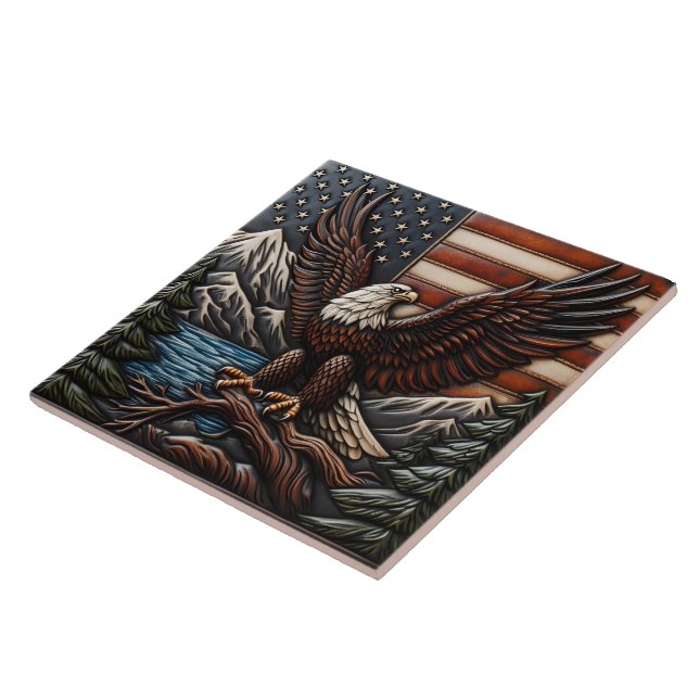 Bald Eagle With American Flag and Mountains Tile (Side)