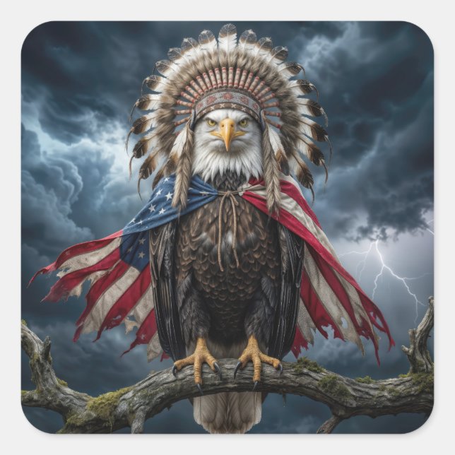 Bald Eagle With American Flag Cape and Headdress Square Sticker (Front)