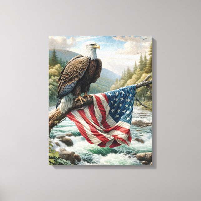 Bald Eagle With American Flag On a Branch Canvas Print (Front)