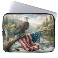Bald Eagle With American Flag On Tree Branch