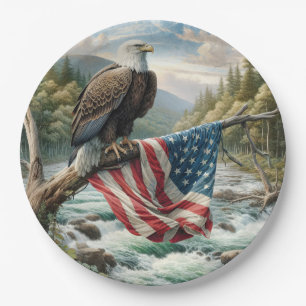 Bald Eagle With American Flag On Tree Branch Paper Plate